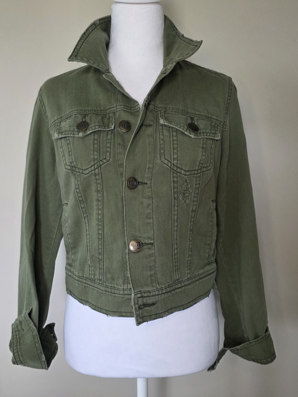 Free People Olive Green Distressed Denim Jacket Utility Trucker Boho